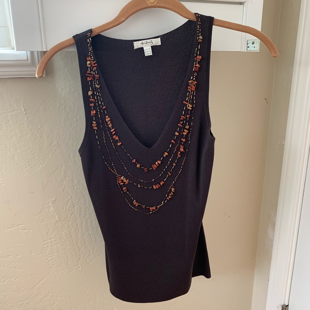 Brown tank with beading on v- neckline